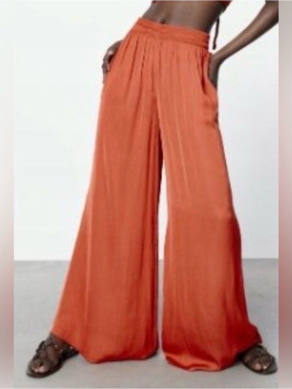 Zara Wide-Leg High-Waist Pants in Burnt Orange